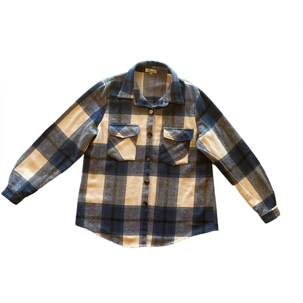 Tracies Plaid Warm Blue Cream Size M Jacket Coat Button Pocket